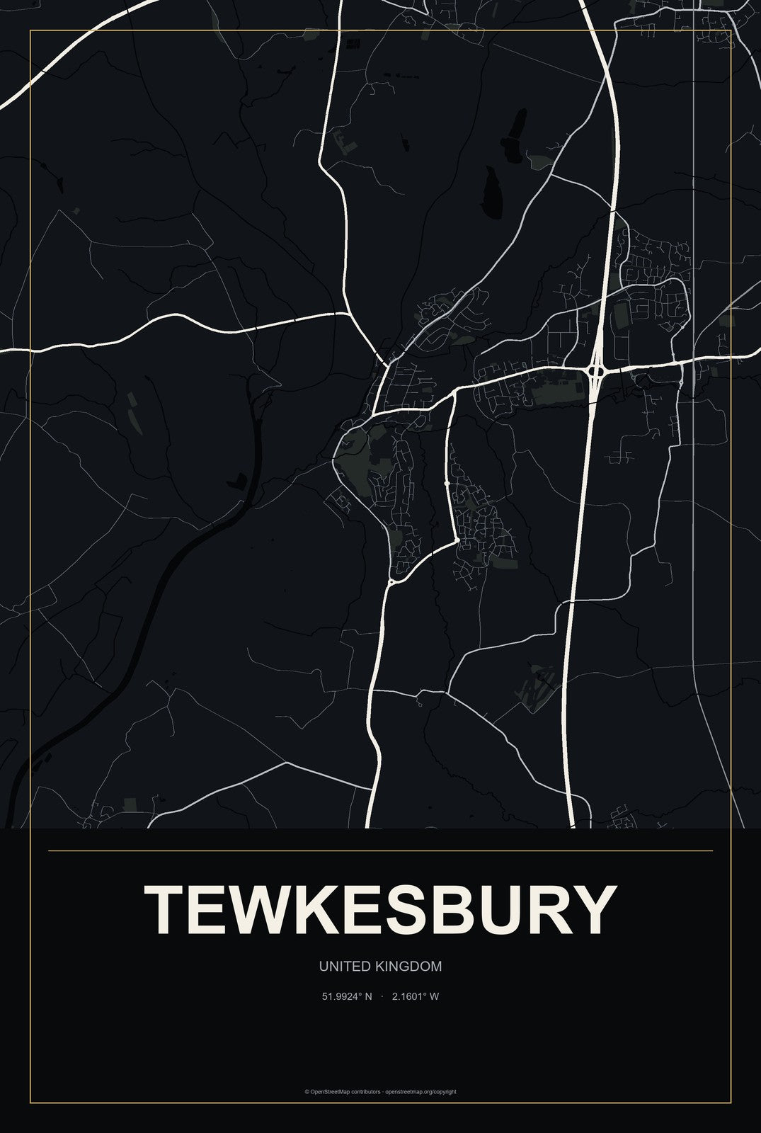 Tewkesbury, United Kingdom City Map Aluminum Sign in Metropolitan Noir style