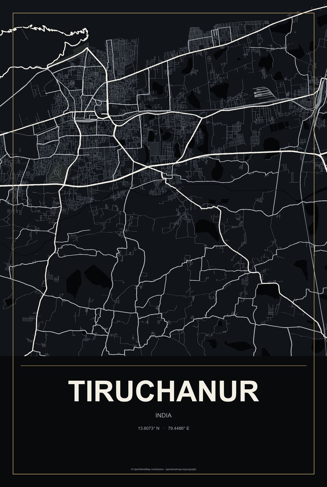 Tiruchanur, India City Map Aluminum Sign in Metropolitan Noir style