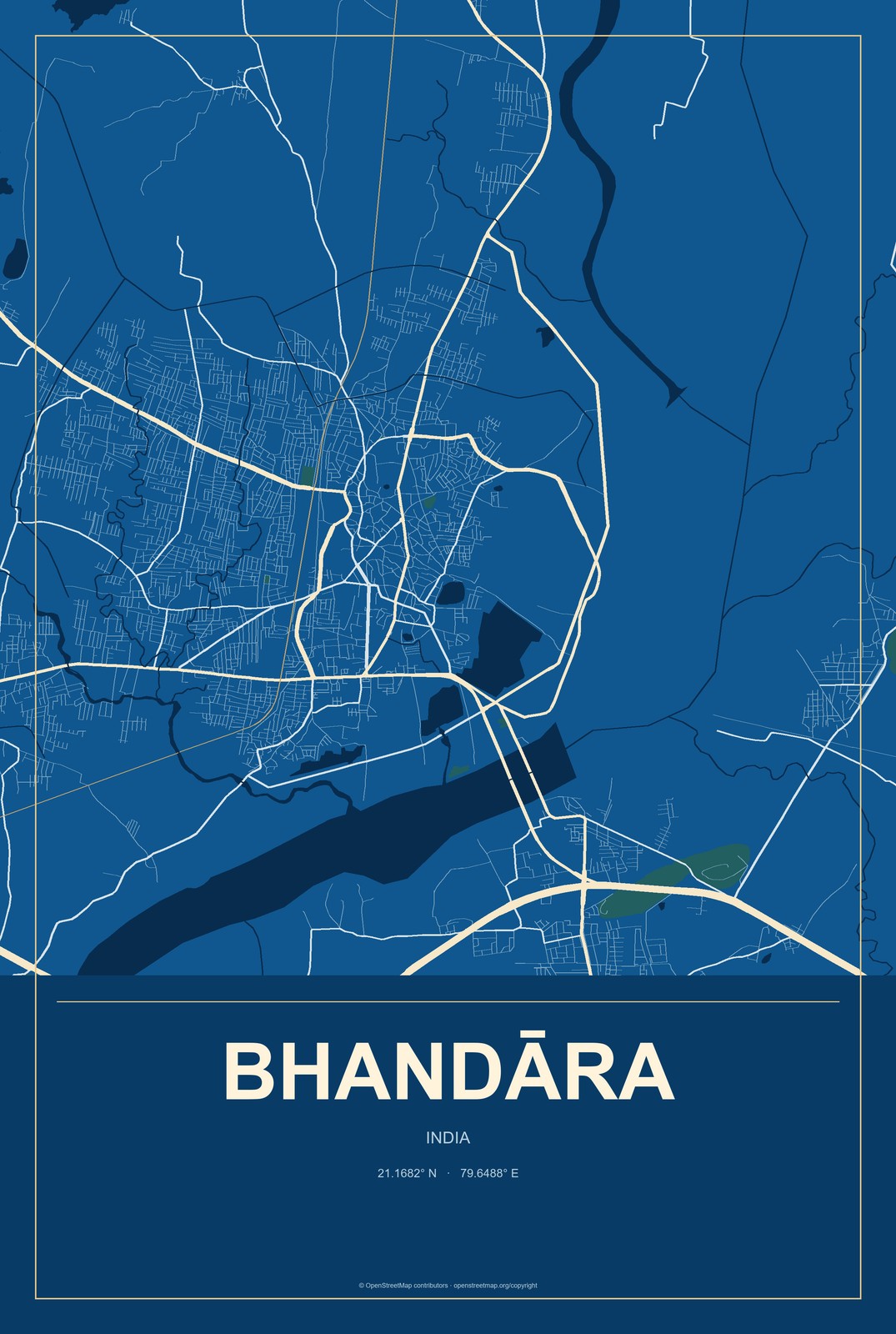Bhandāra, India City Map Aluminum Sign in Harbor Cobalt style