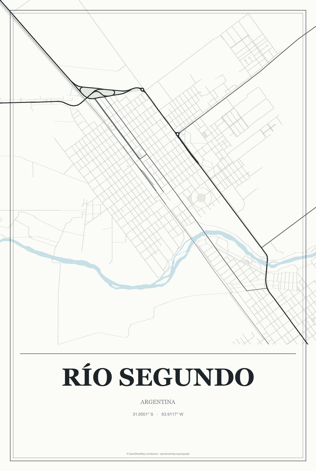 Río Segundo, Argentina City Map Aluminum Sign in Gallery Air style
