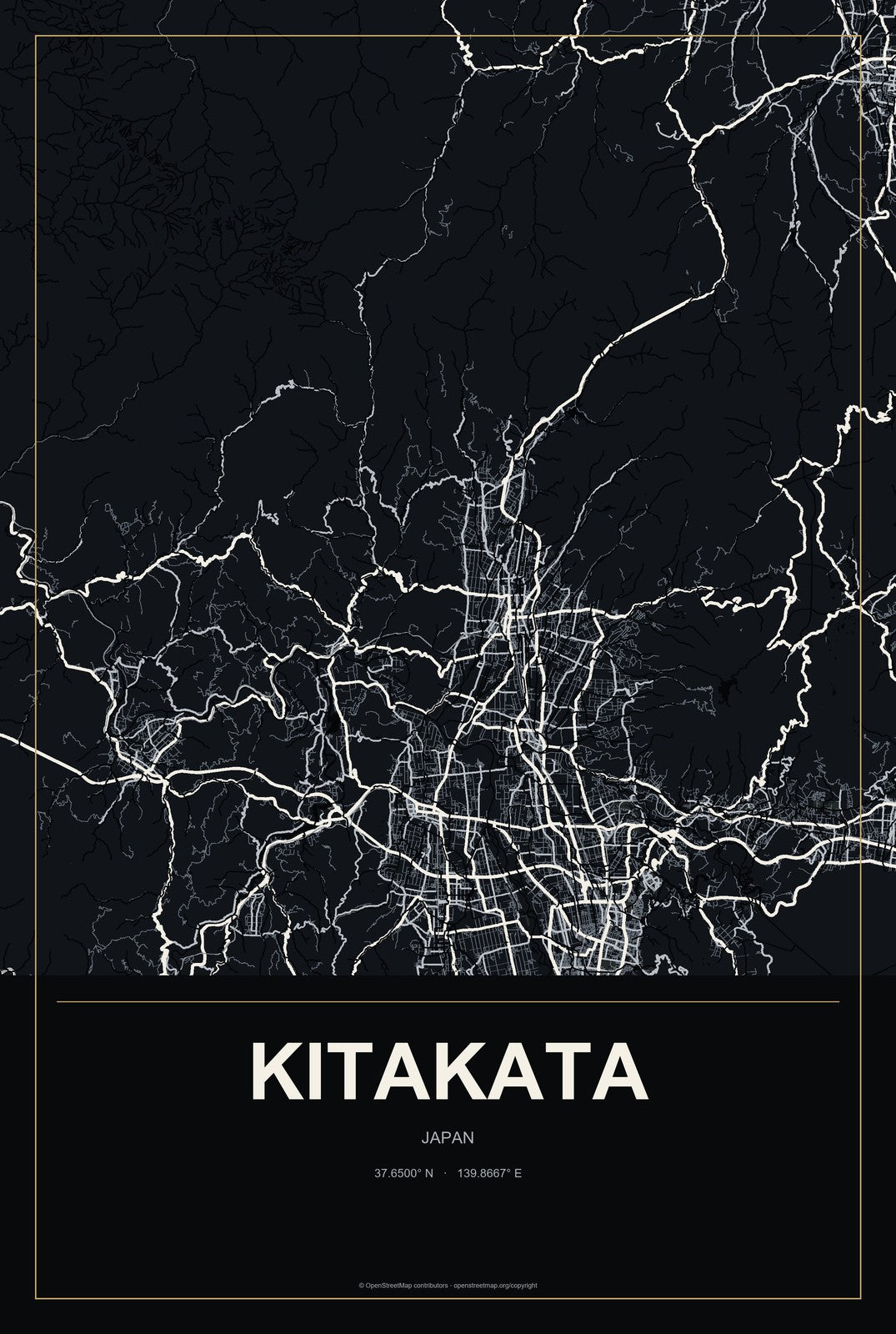 Kitakata, Japan City Map Aluminum Sign in Metropolitan Noir style
