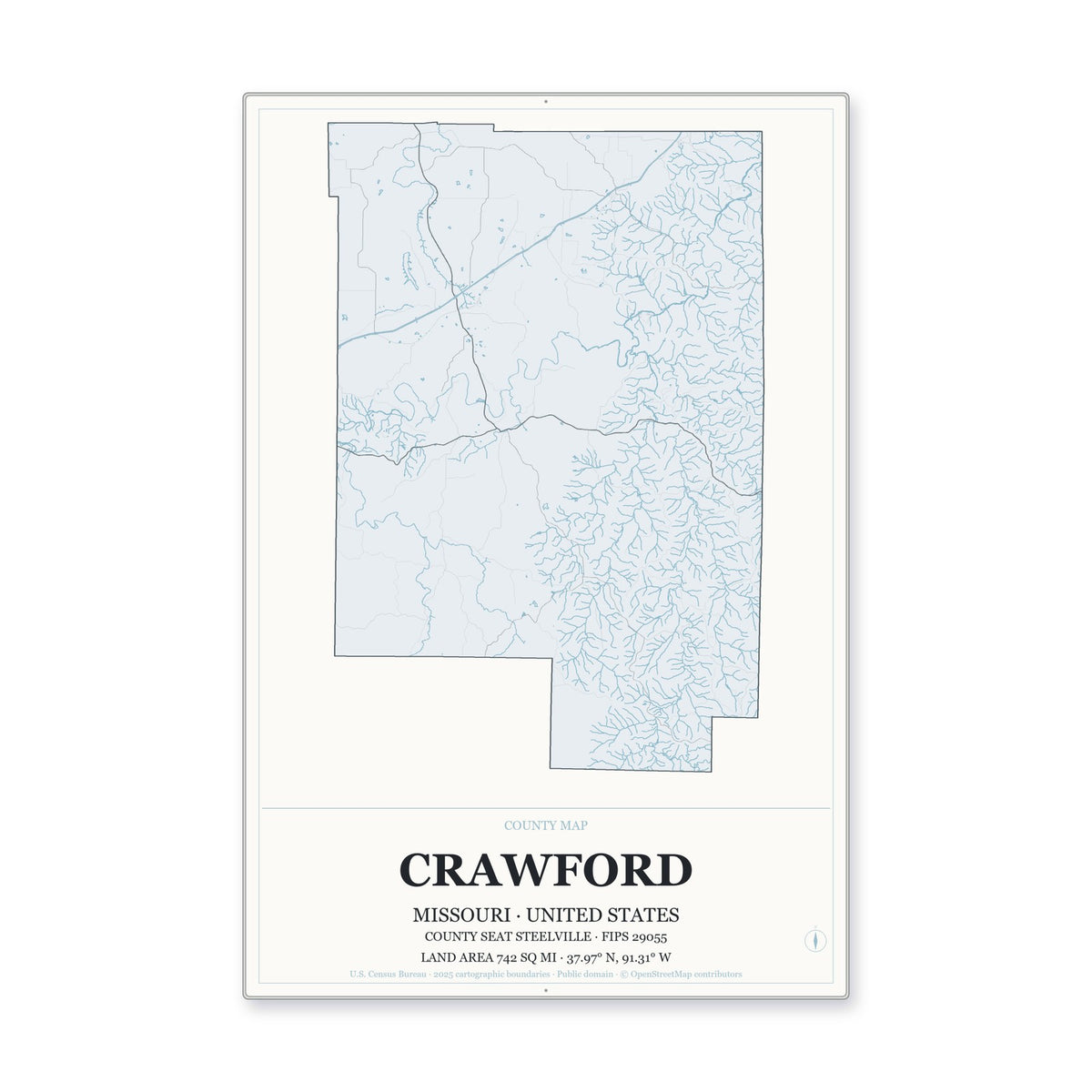 Crawford County, Missouri Map Aluminum Sign in Gallery Air style