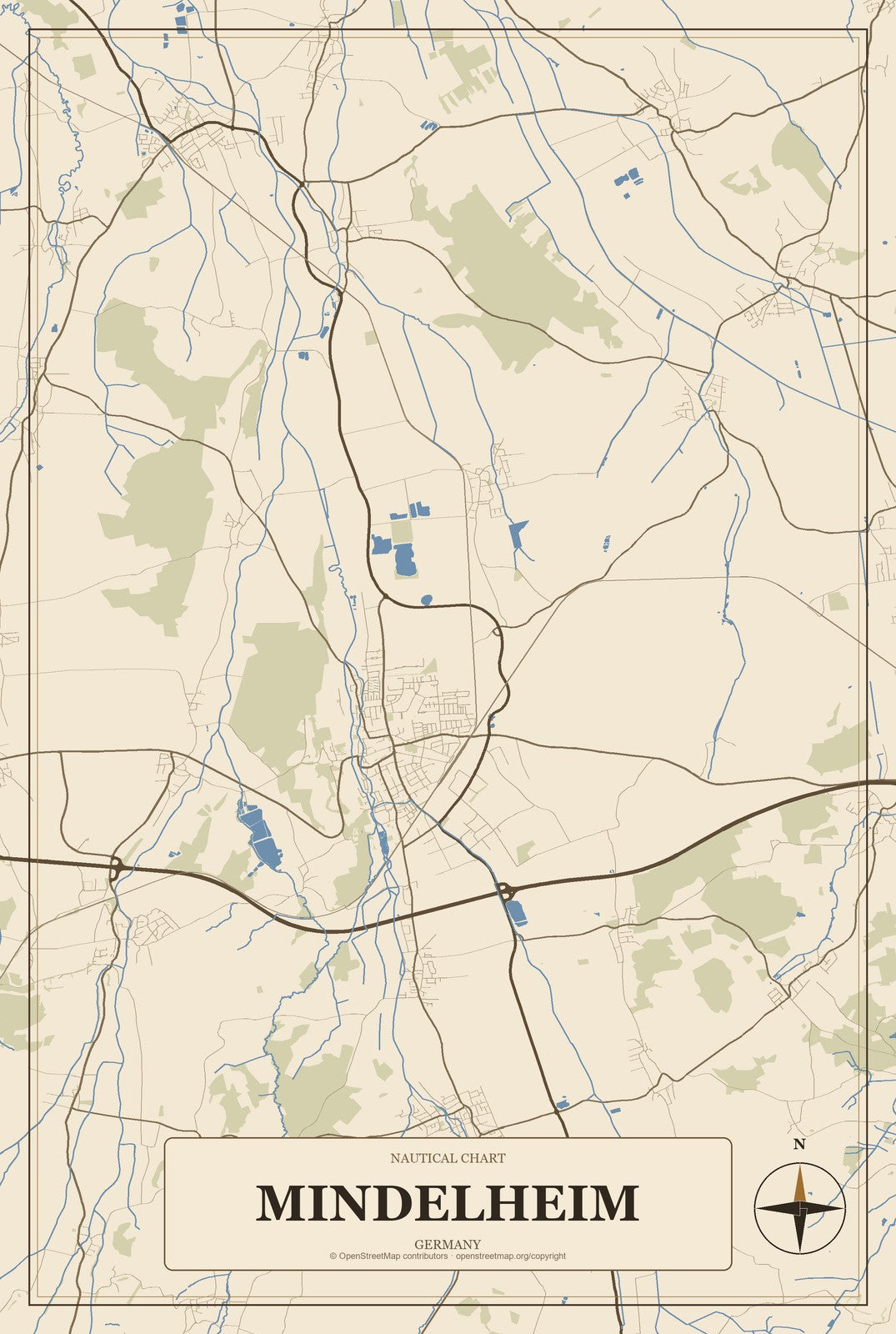 Mindelheim, Germany City Map Aluminum Sign in Heritage Nautical style