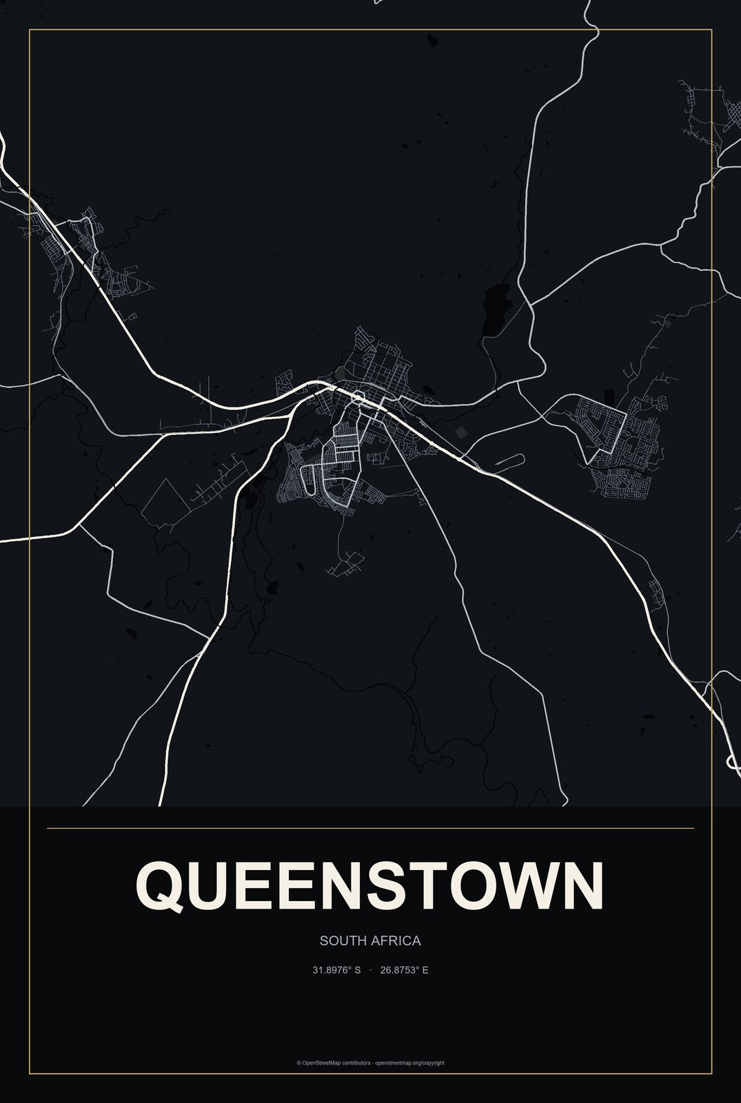 Queenstown, South Africa City Map Aluminum Sign in Metropolitan Noir style