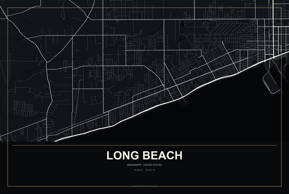 Long Beach, Mississippi City Map Aluminum Sign in Metropolitan Noir style