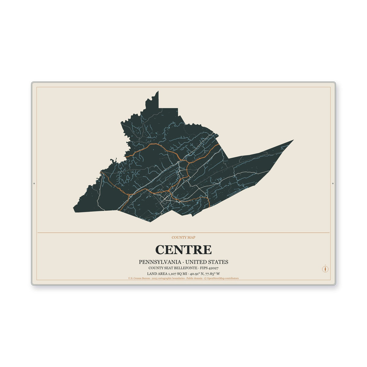 Centre County, Pennsylvania Map Aluminum Sign in Headline Atlas style