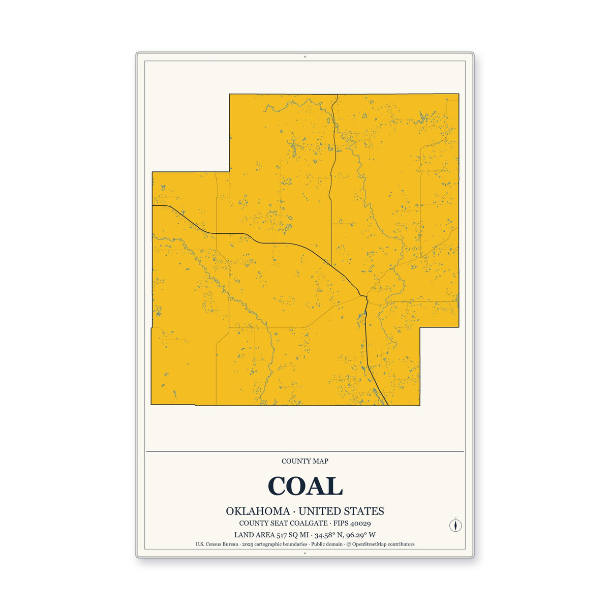 Coal County, Oklahoma Map Aluminum Sign in Citrine Modern style