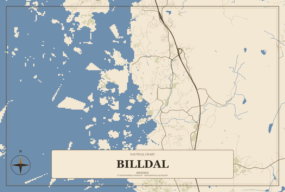 Billdal, Sweden City Map Aluminum Sign in Heritage Nautical style