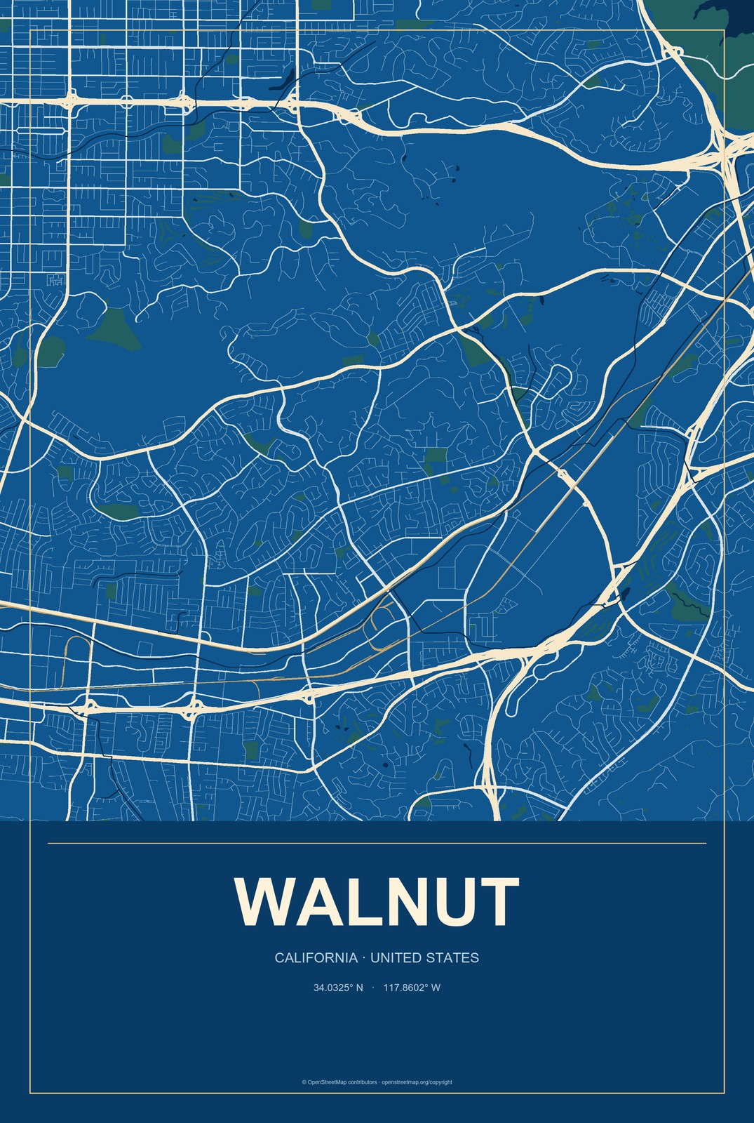 Walnut, California City Map Aluminum Sign in Harbor Cobalt style