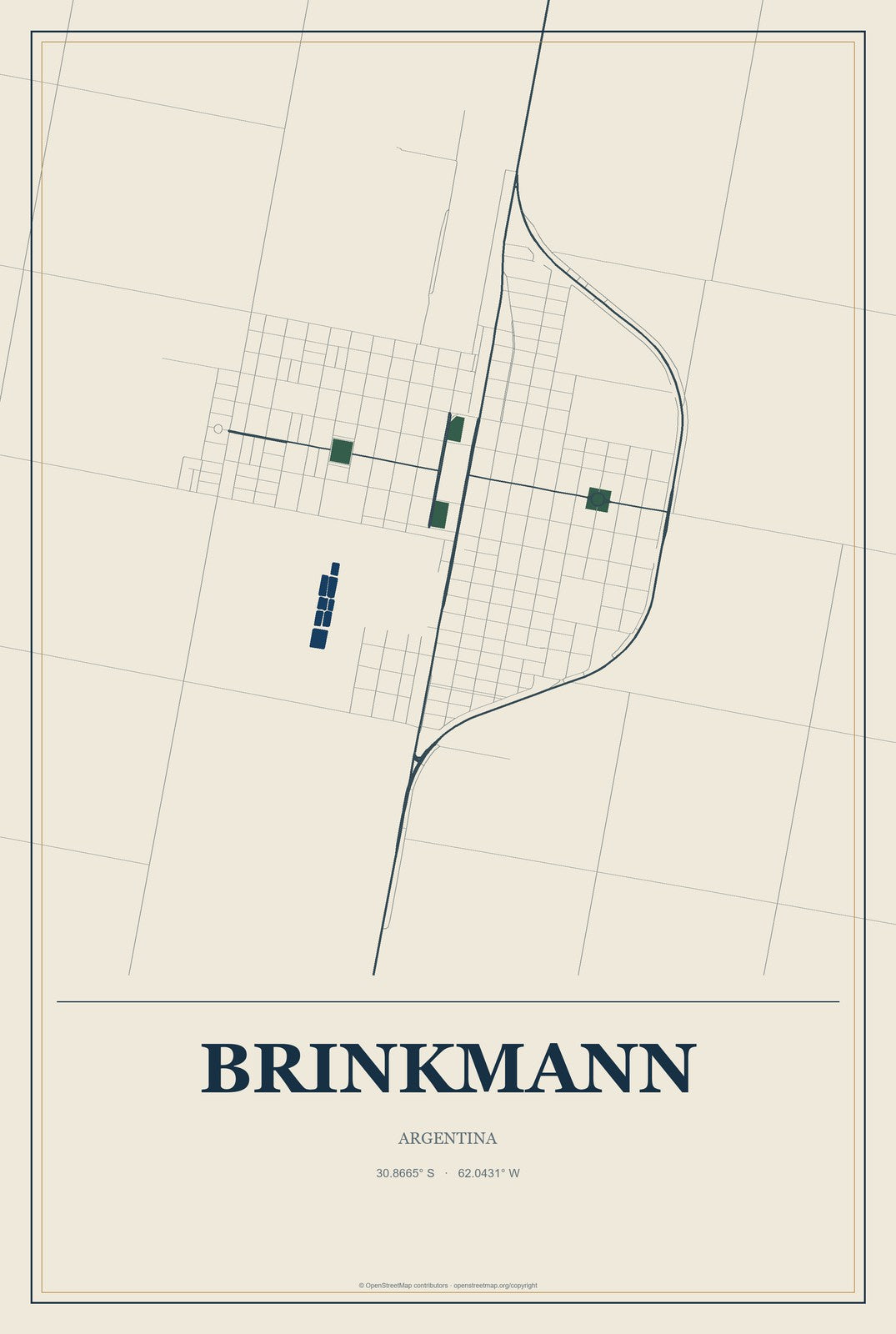 Brinkmann, Argentina City Map Aluminum Sign in Coastal Cutout style