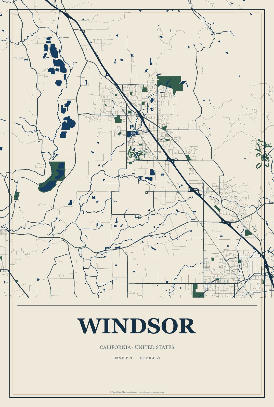 Windsor, California City Map Aluminum Sign in Coastal Cutout style