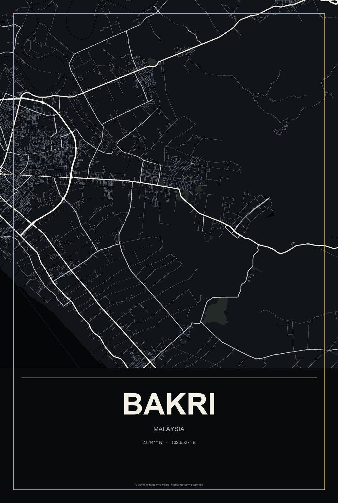 Bakri, Malaysia City Map Aluminum Sign in Metropolitan Noir style