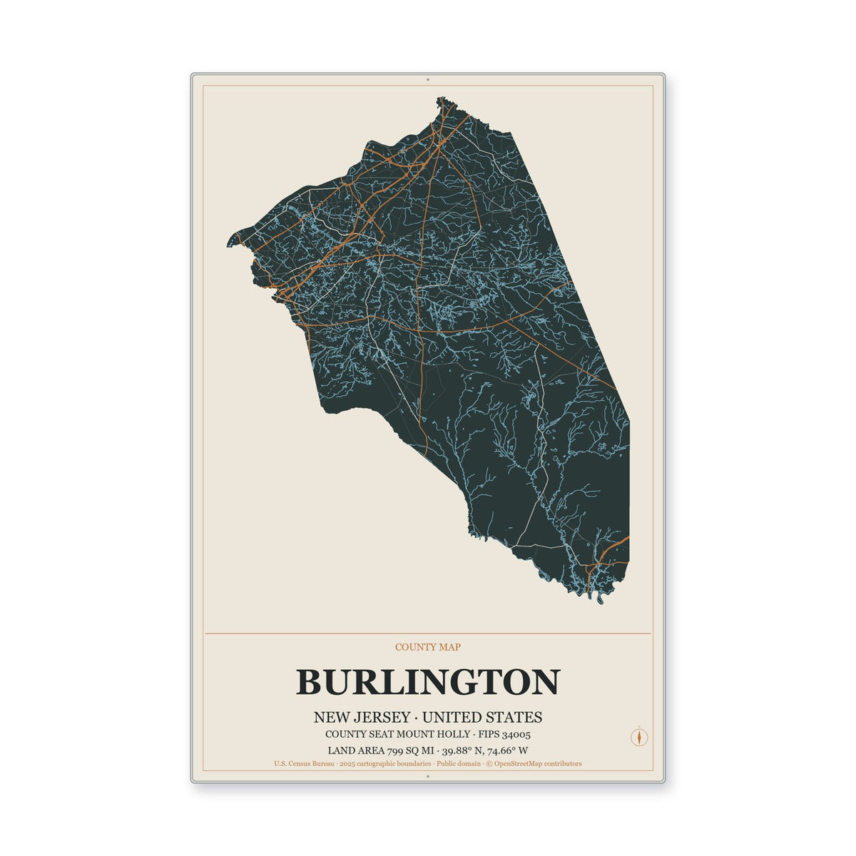 Burlington County, New Jersey Map Aluminum Sign in Headline Atlas style