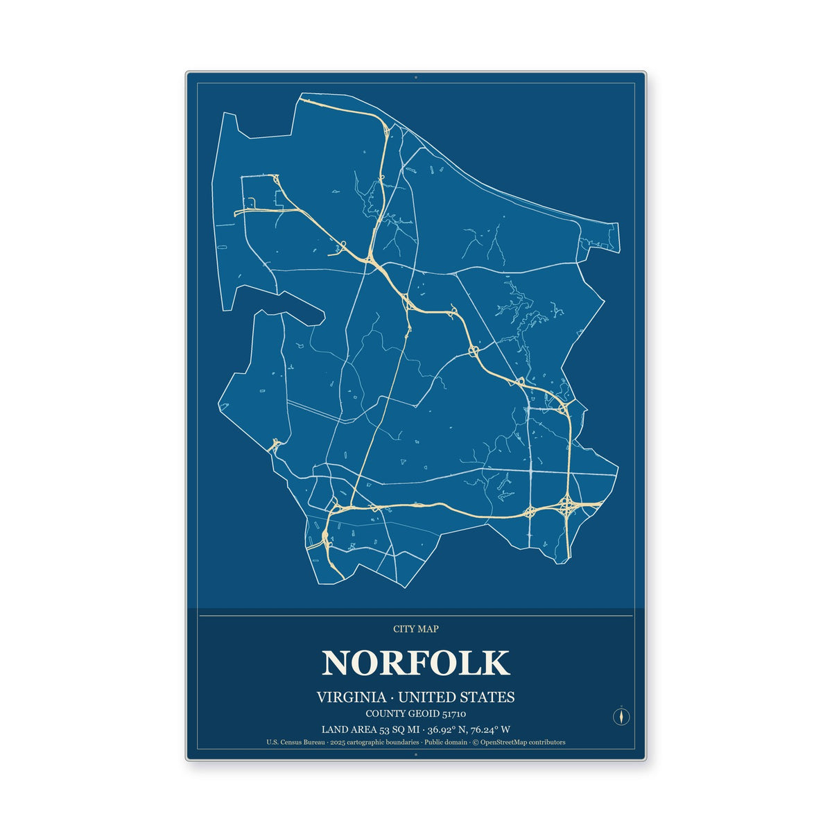 Norfolk city, Virginia Map Aluminum Sign in Harbor Cobalt style