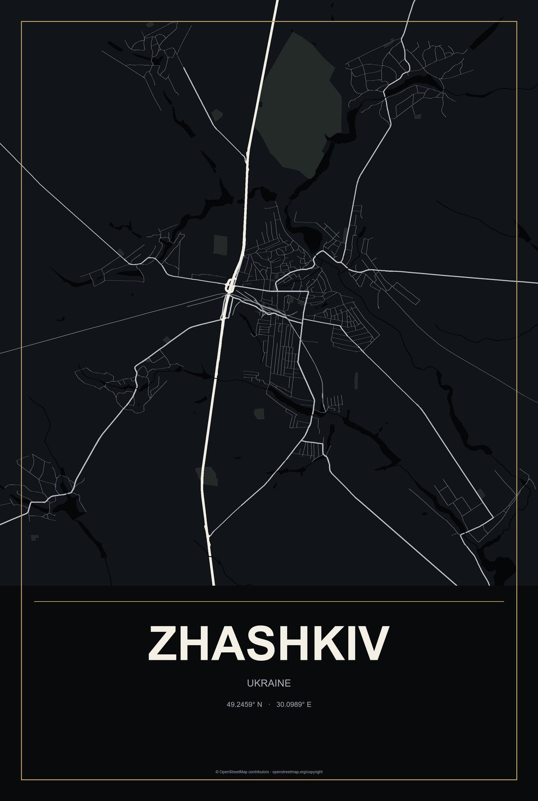 Zhashkiv, Ukraine City Map Aluminum Sign in Metropolitan Noir style