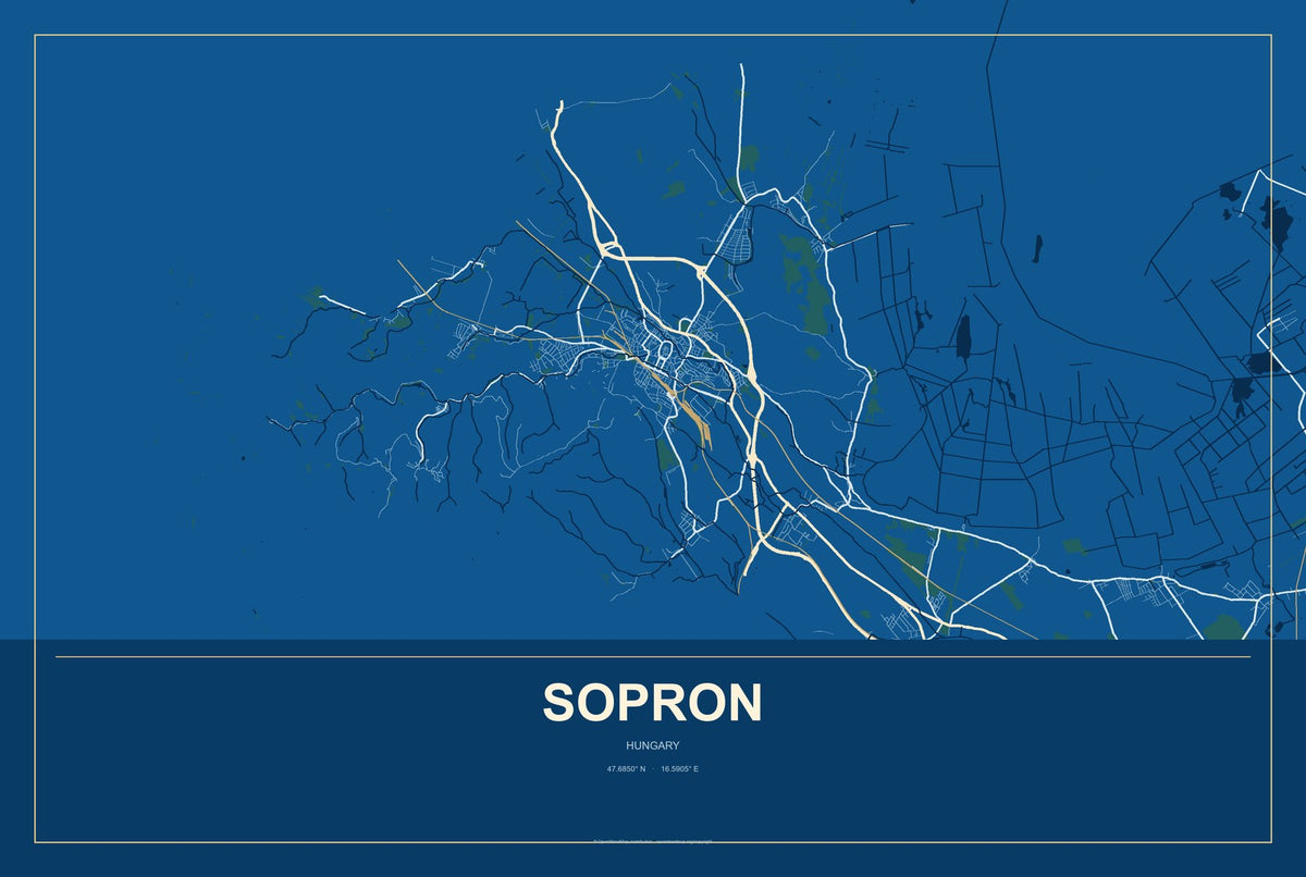 Sopron, Hungary City Map Aluminum Sign in Harbor Cobalt style