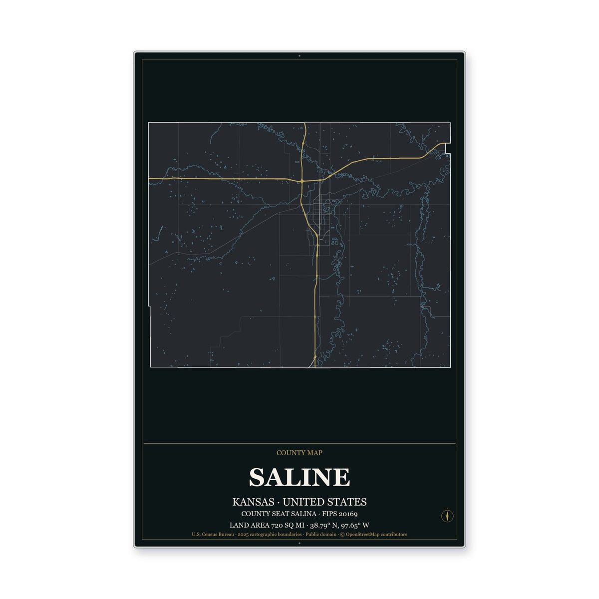 Saline County, Kansas Map Aluminum Sign in Metropolitan Noir style