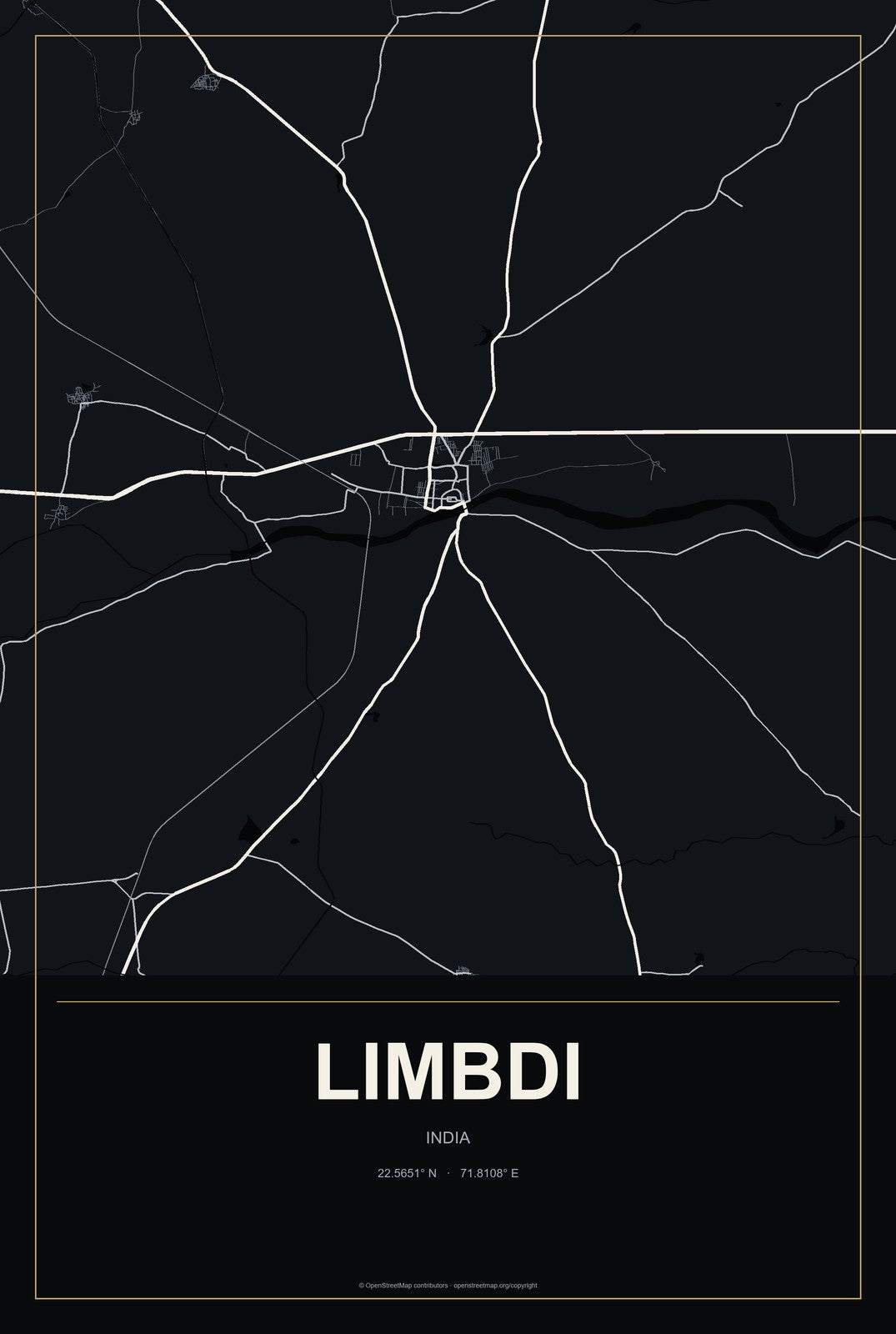 Limbdi, India City Map Aluminum Sign in Metropolitan Noir style