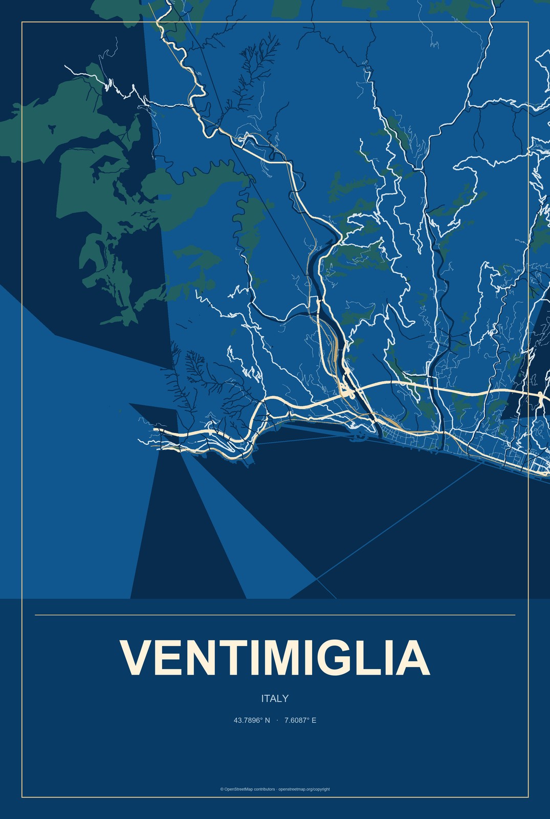 Ventimiglia, Italy City Map Aluminum Sign in Harbor Cobalt style