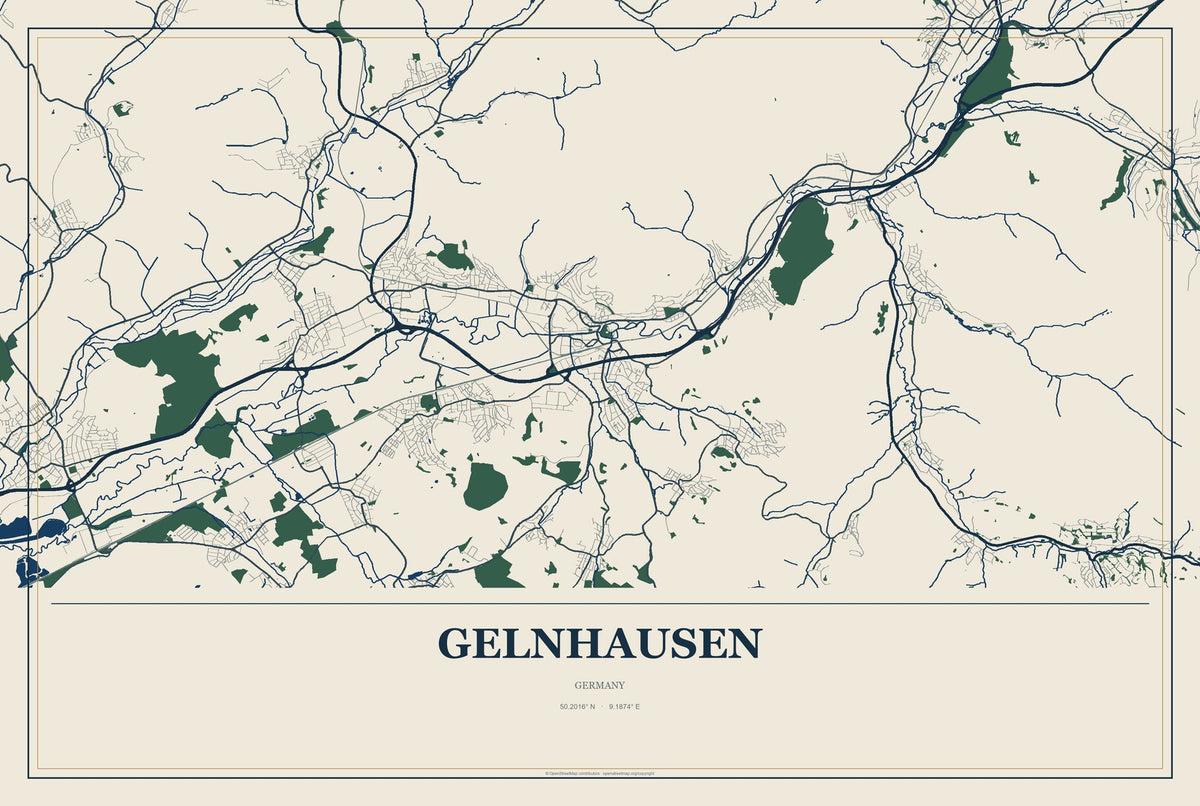 Gelnhausen, Germany City Map Aluminum Sign in Coastal Cutout style