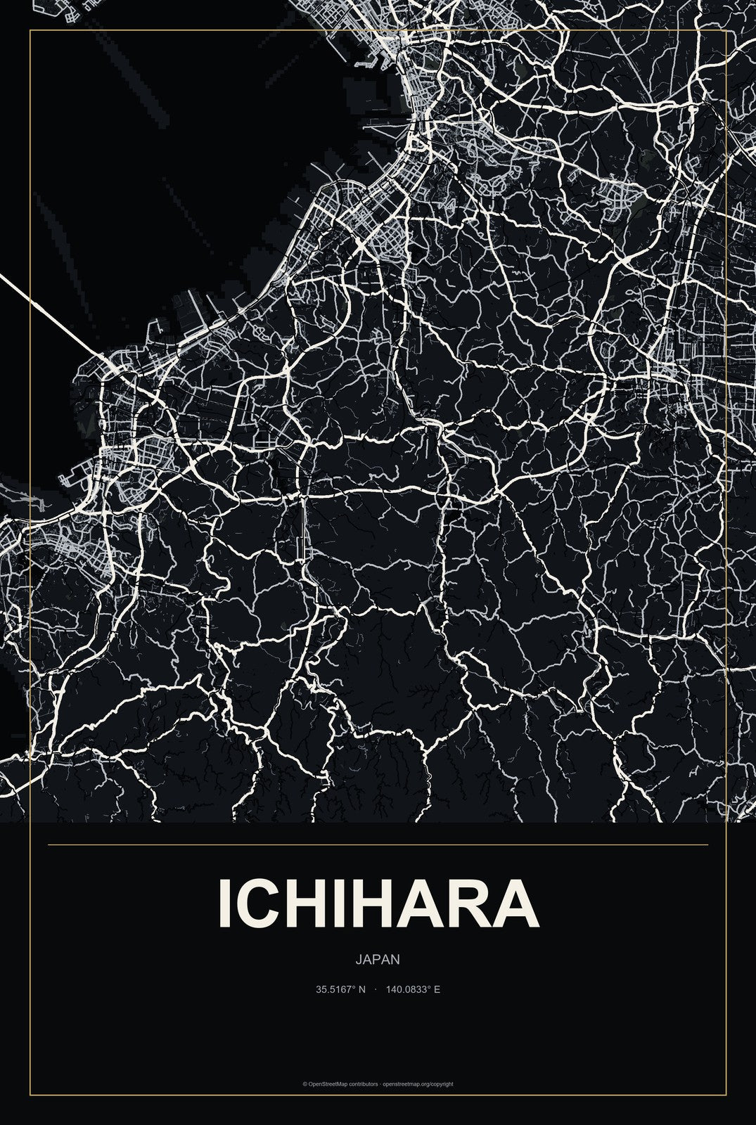 Ichihara, Japan City Map Aluminum Sign in Metropolitan Noir style