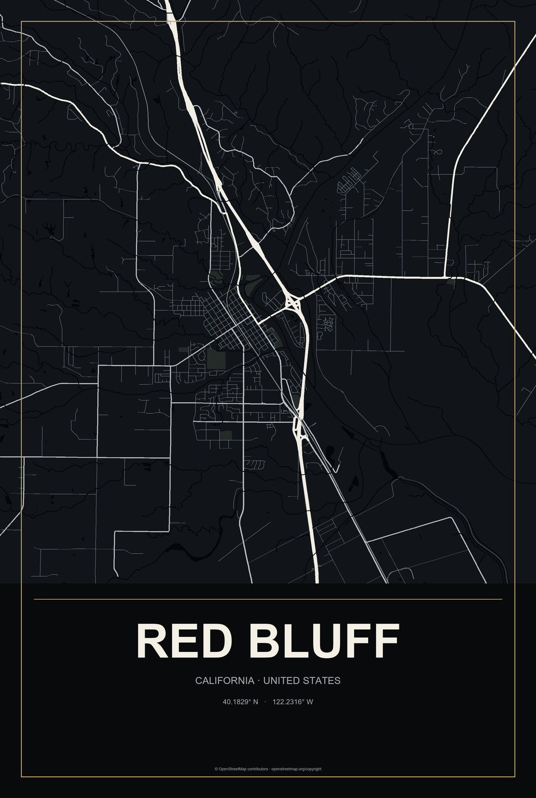 Red Bluff, California City Map Aluminum Sign in Metropolitan Noir style