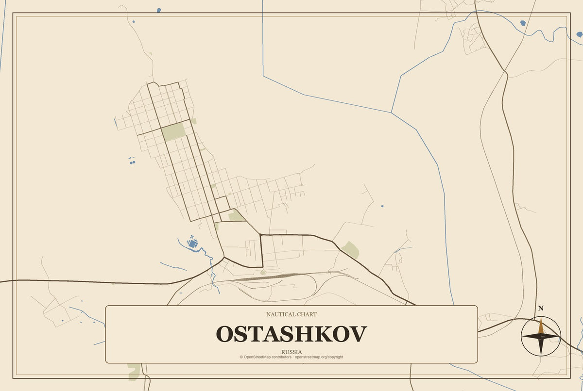 Ostashkov, Russia City Map Aluminum Sign in Heritage Nautical style