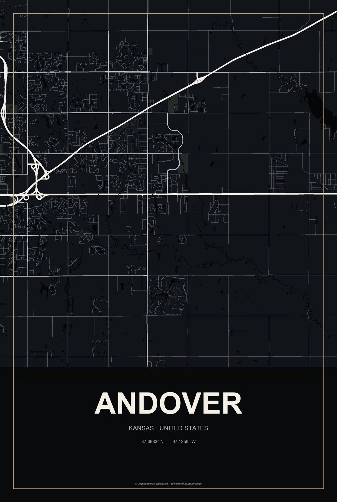 Andover, Kansas City Map Aluminum Sign in Metropolitan Noir style