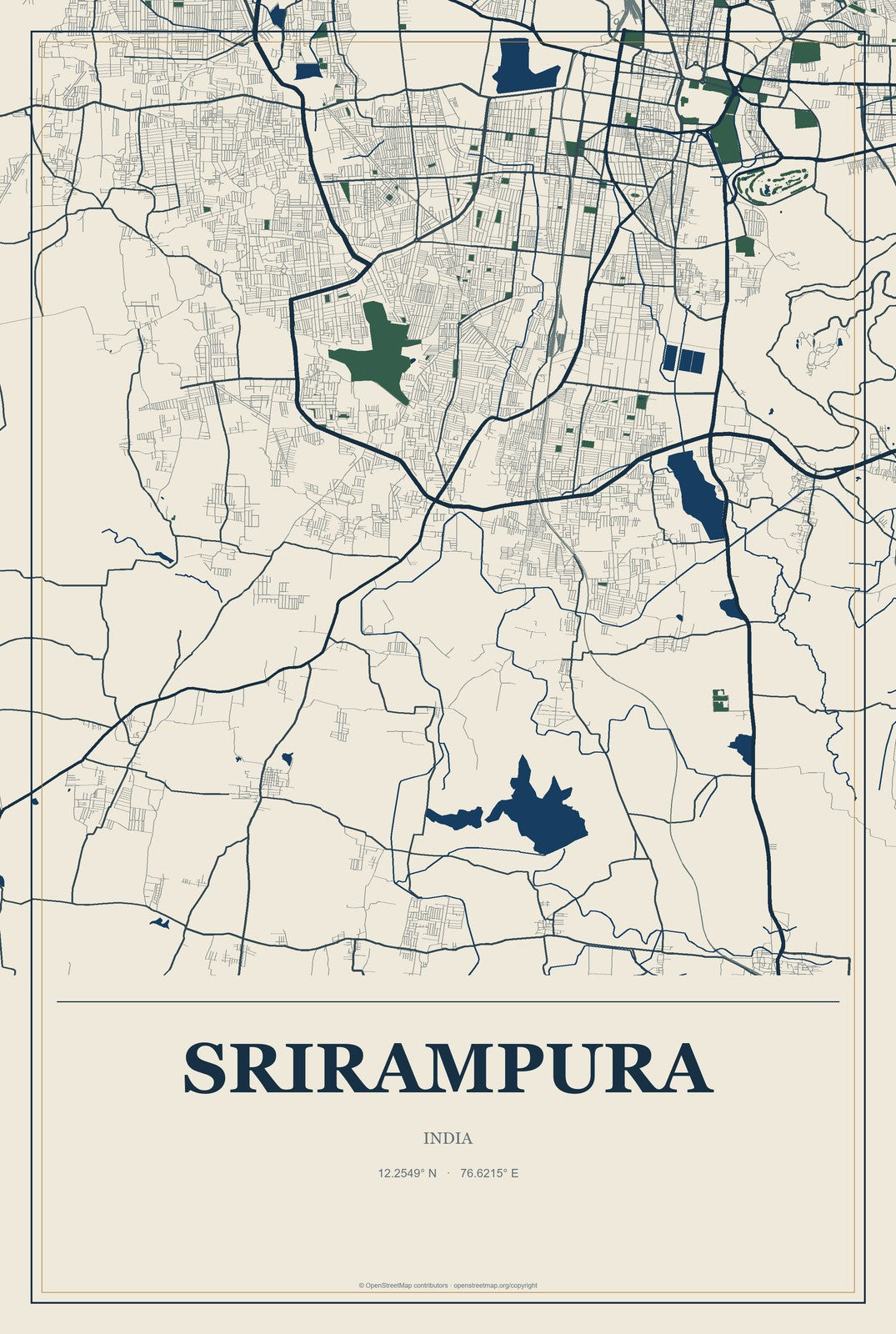 Srirampura, India City Map Aluminum Sign in Coastal Cutout style