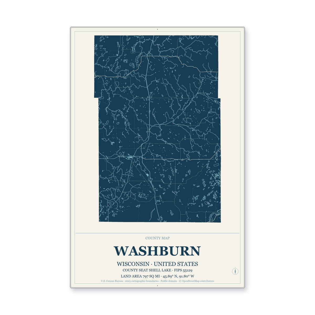 Washburn County, Wisconsin Map Aluminum Sign in Coastal Cutout style