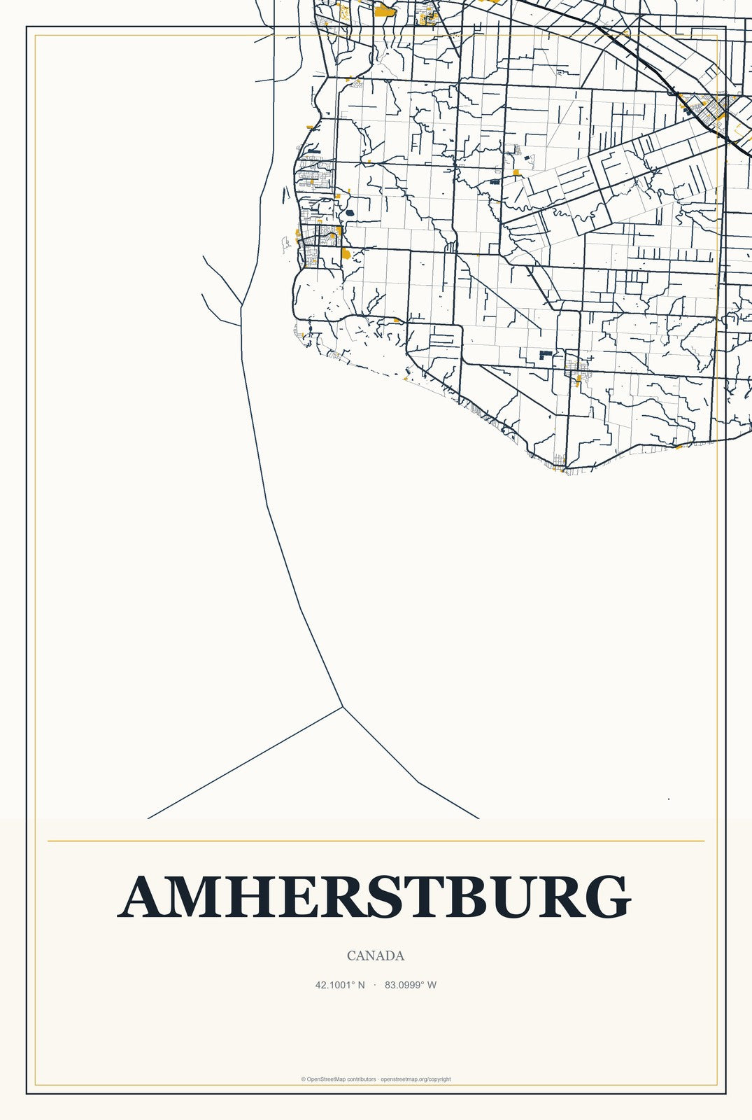Amherstburg, Canada City Map Aluminum Sign in Citrine Modern style
