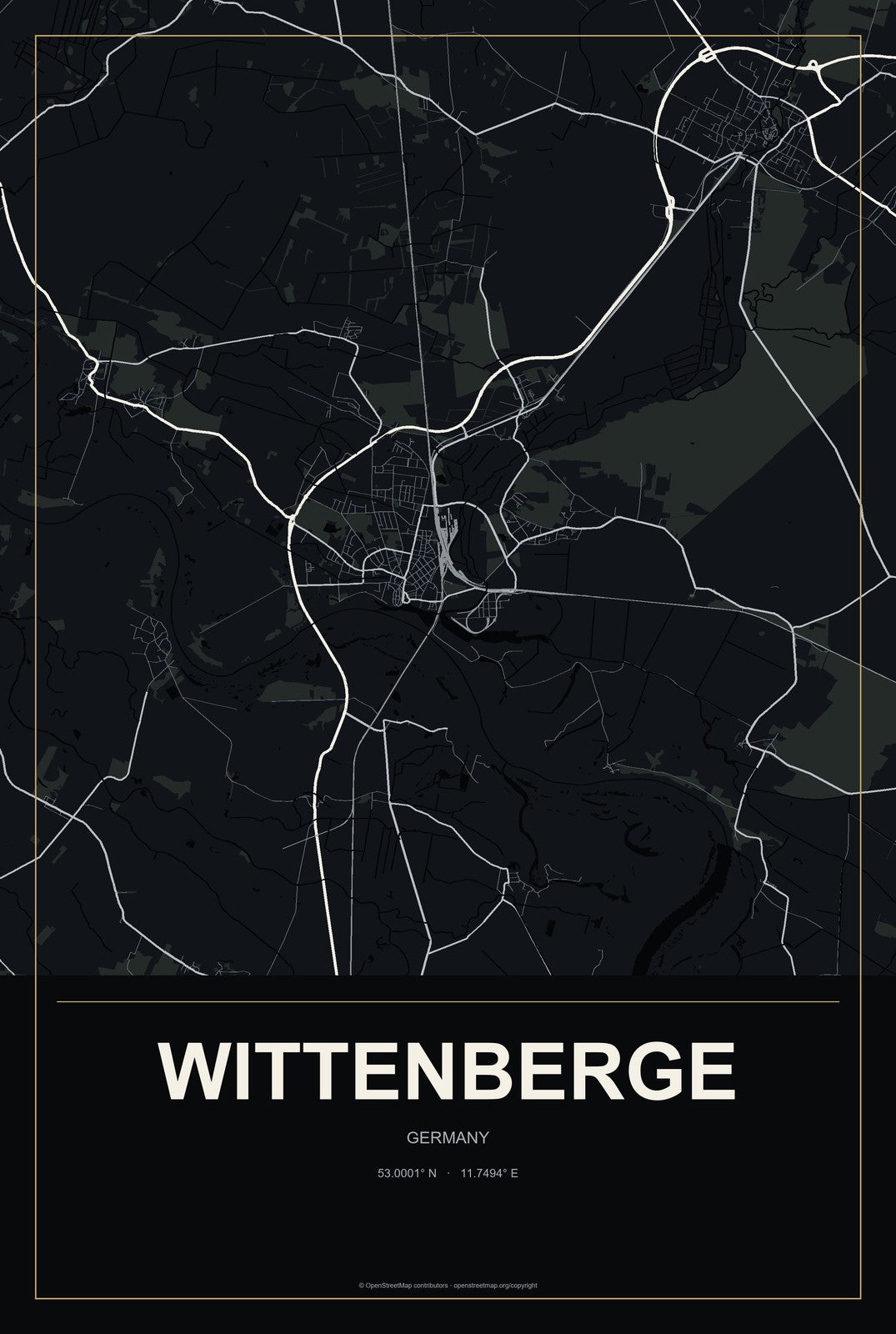 Wittenberge, Germany City Map Aluminum Sign in Metropolitan Noir style