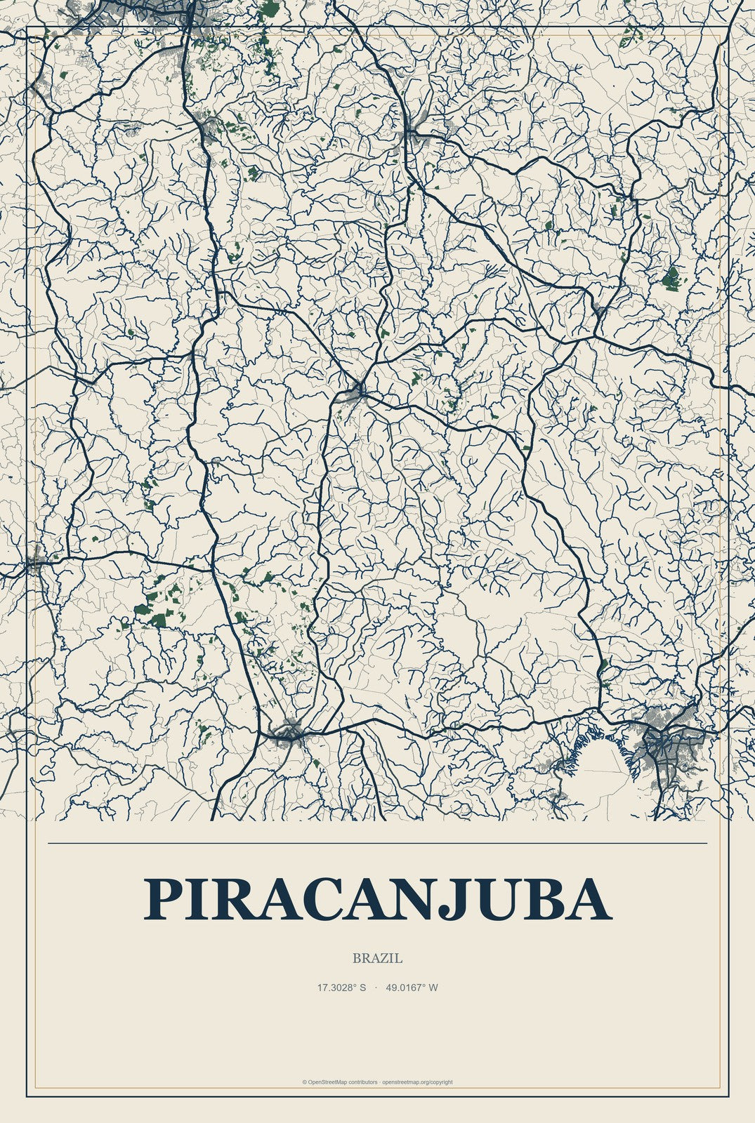 Piracanjuba, Brazil City Map Aluminum Sign in Coastal Cutout style