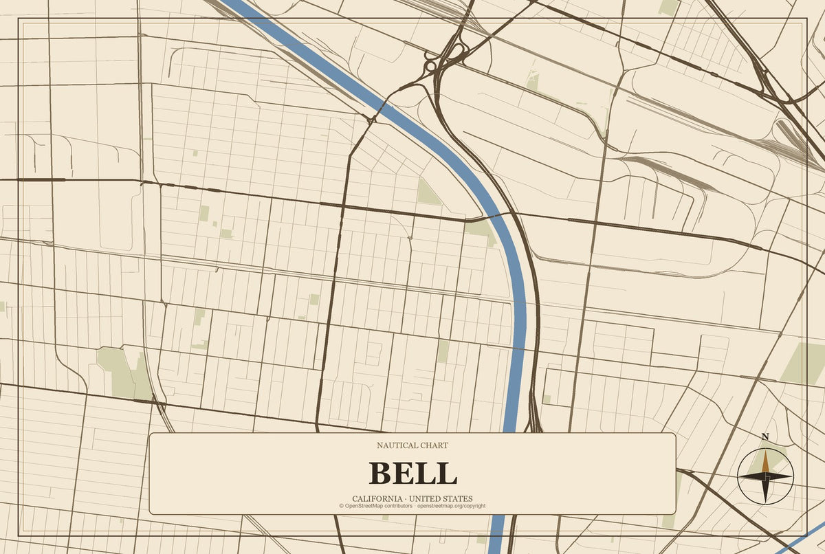 Bell, California City Map Aluminum Sign in Heritage Nautical style