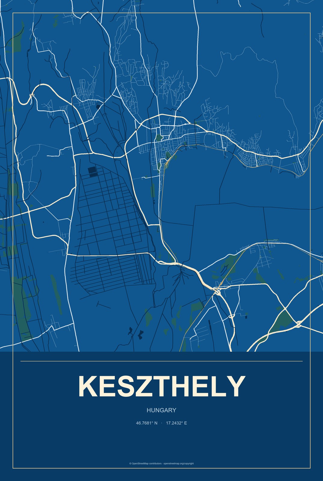 Keszthely, Hungary City Map Aluminum Sign in Harbor Cobalt style