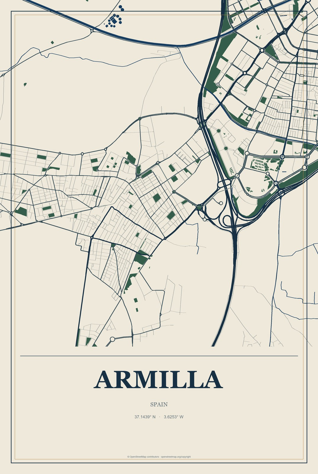 Armilla, Spain City Map Aluminum Sign in Coastal Cutout style