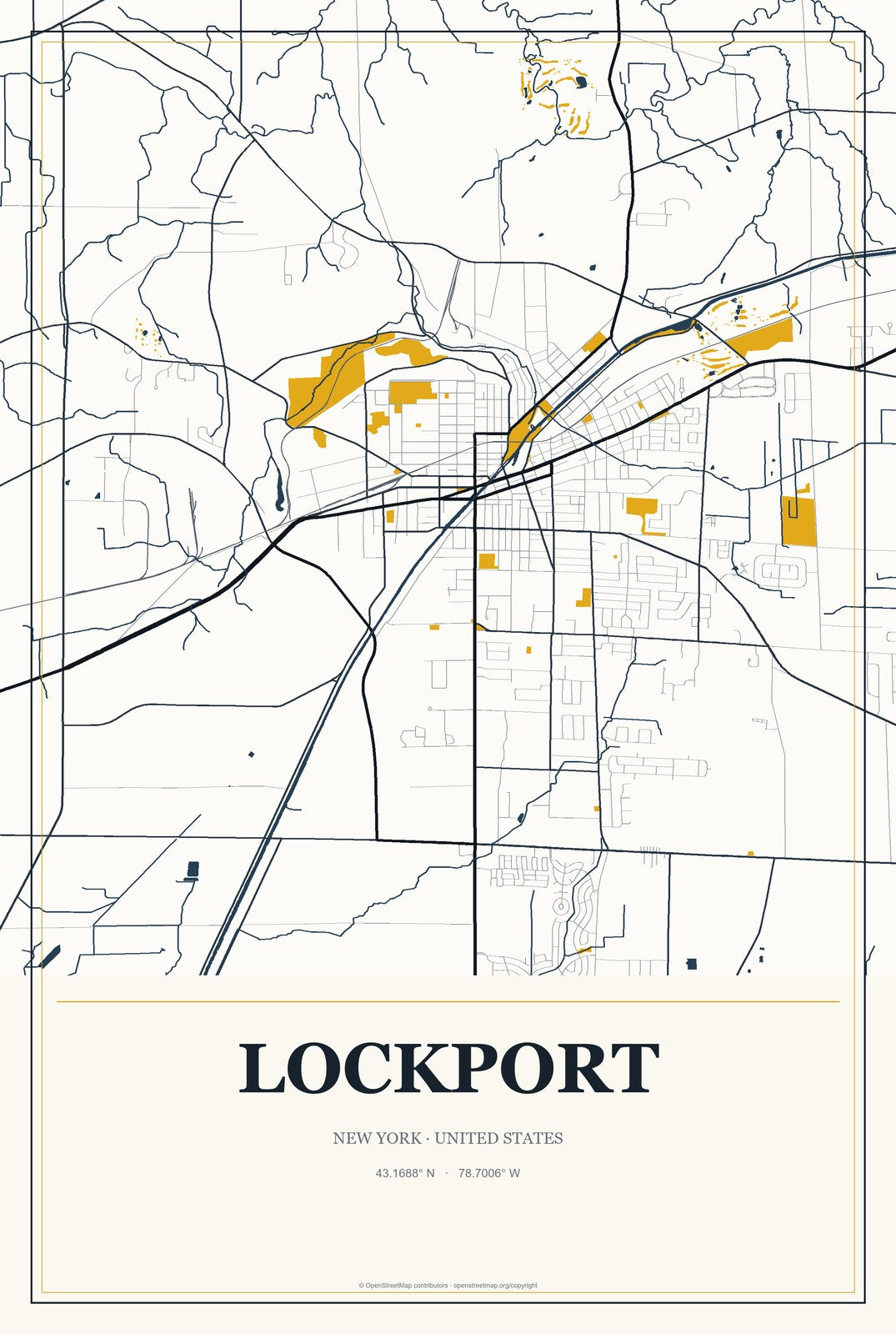 Lockport, New York City Map Aluminum Sign in Citrine Modern style