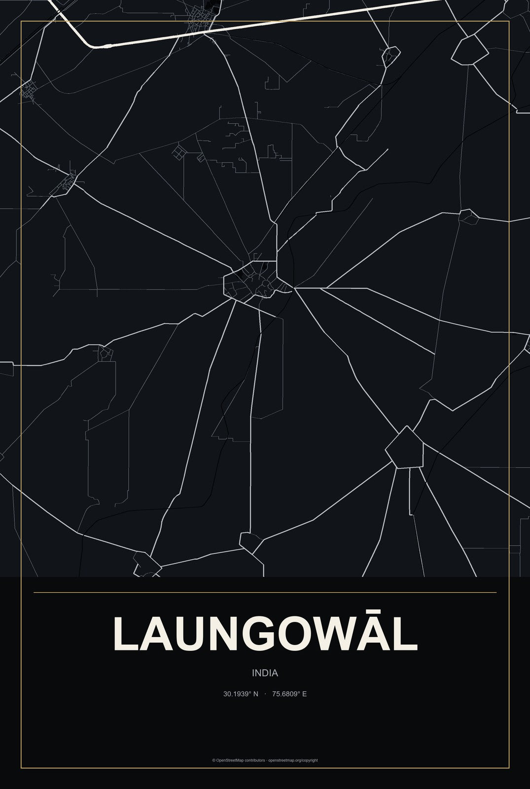 Laungowāl, India City Map Aluminum Sign in Metropolitan Noir style