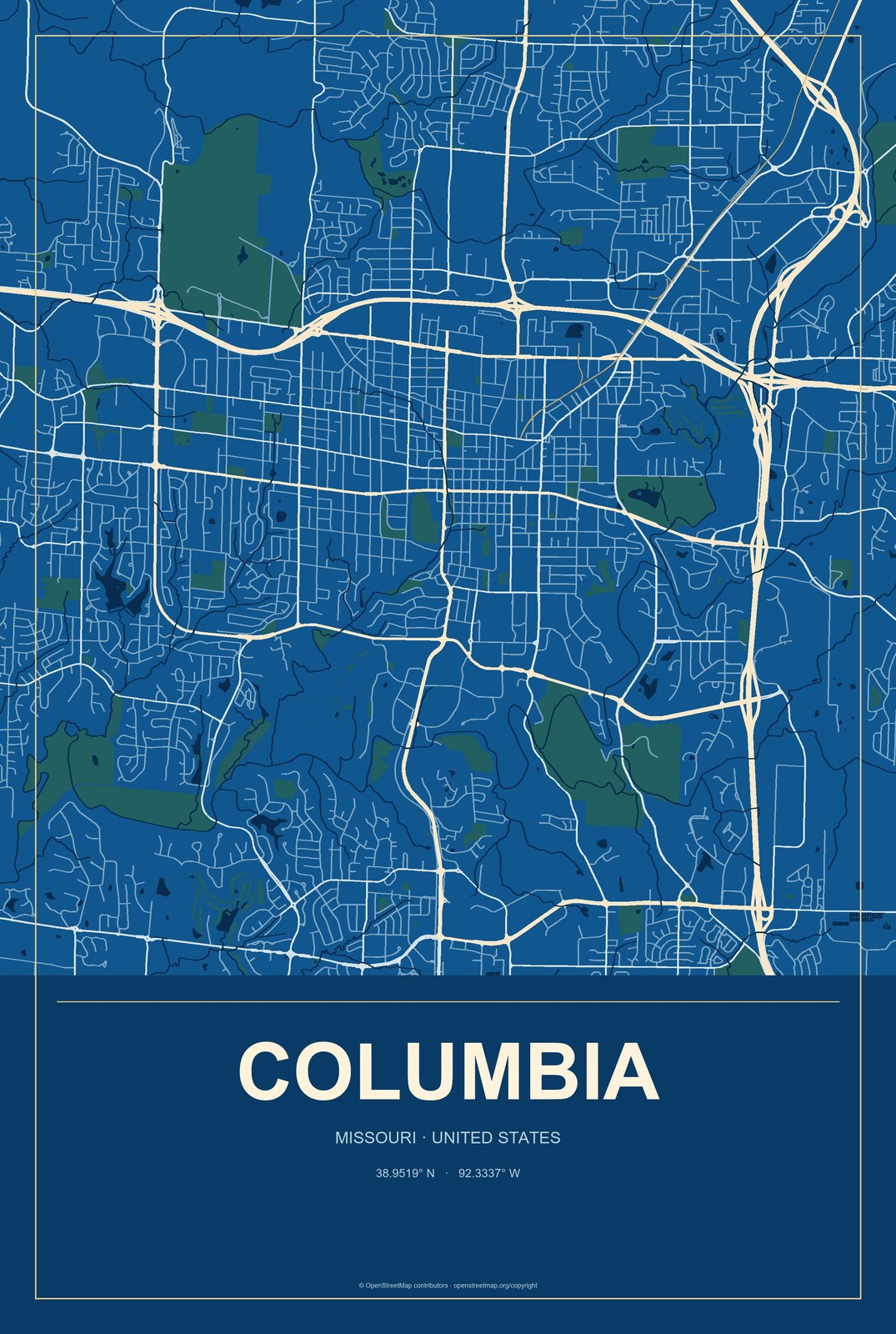 Columbia, Missouri City Map Aluminum Sign in Harbor Cobalt style