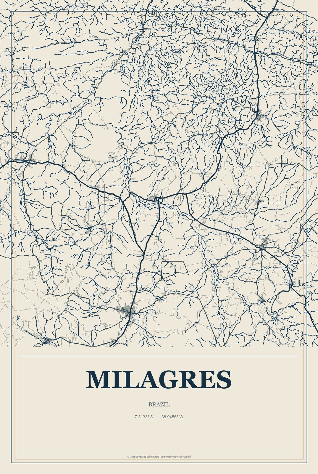 Milagres, Ceará, Brazil City Map Aluminum Sign in Coastal Cutout style