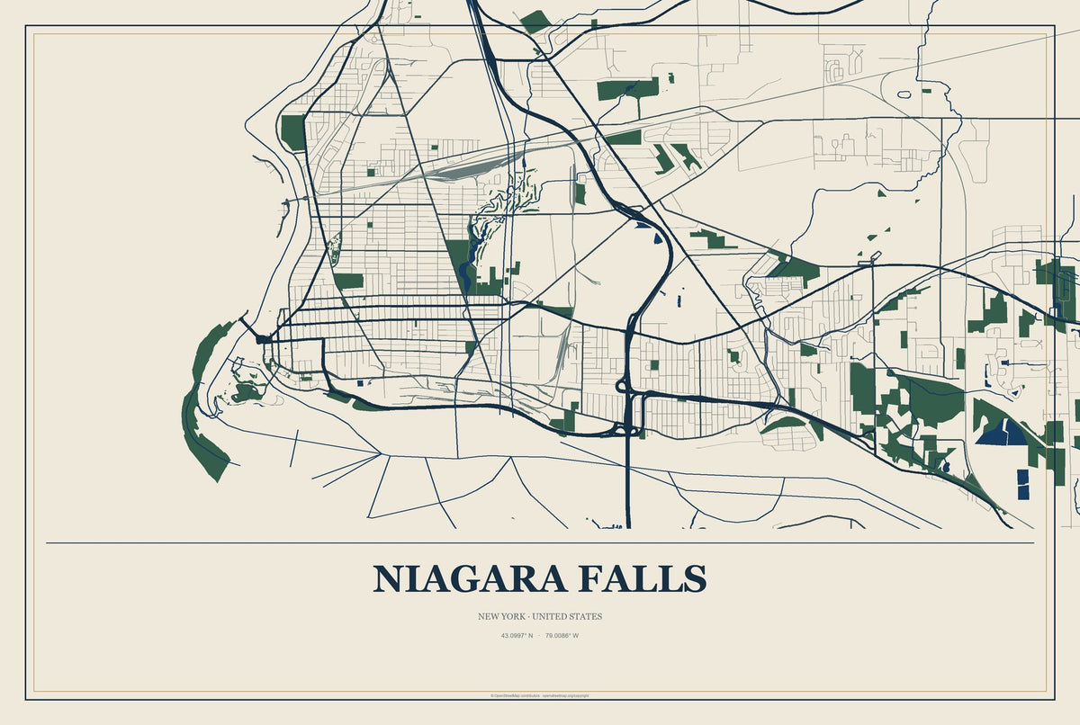 Niagara Falls, New York City Map Aluminum Sign in Coastal Cutout style