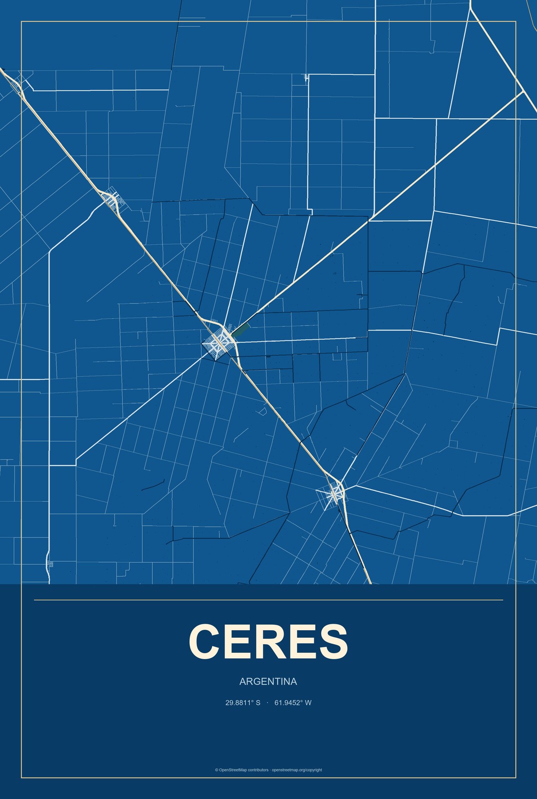 Ceres, Argentina City Map Aluminum Sign in Harbor Cobalt style
