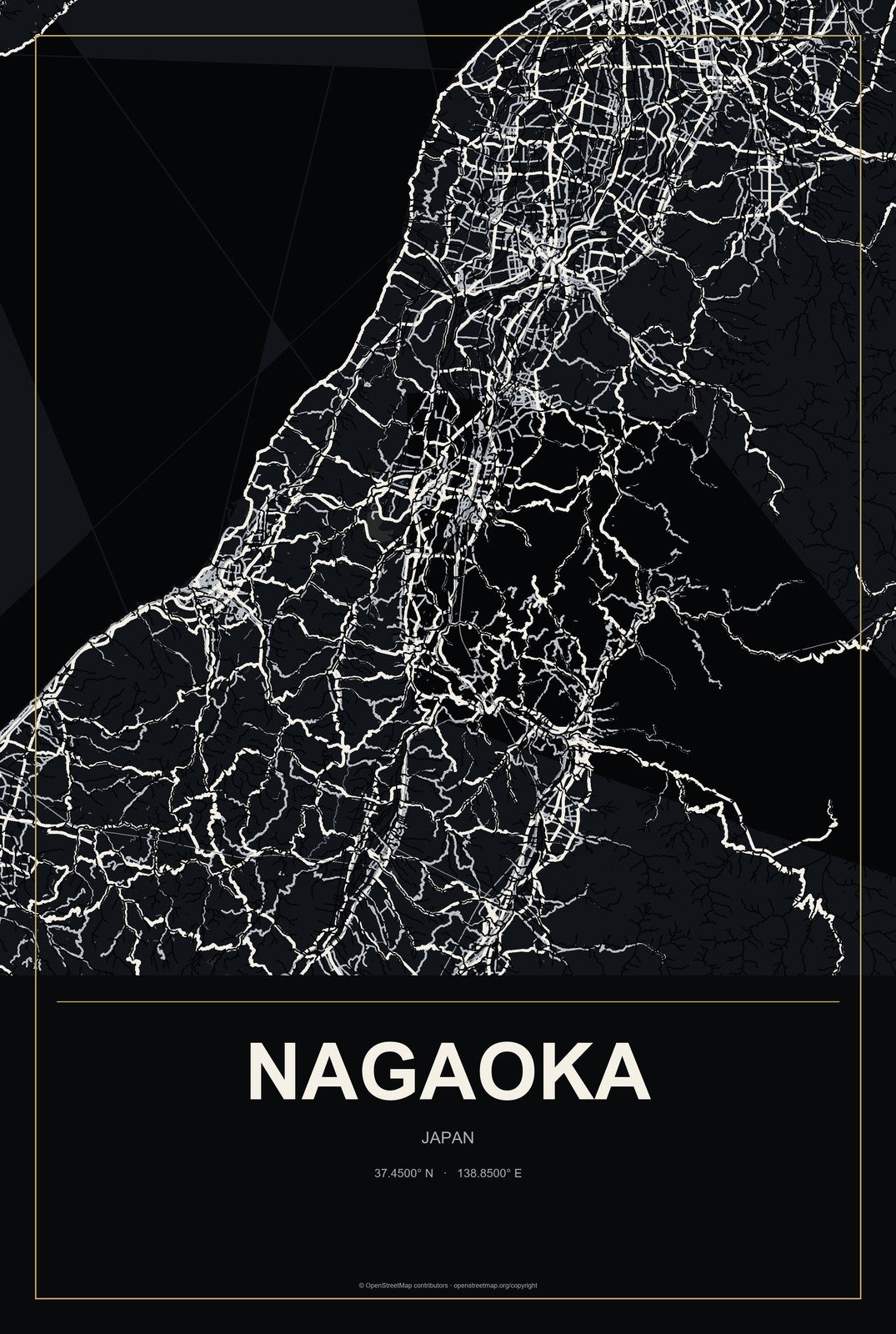 Nagaoka, Japan City Map Aluminum Sign in Metropolitan Noir style
