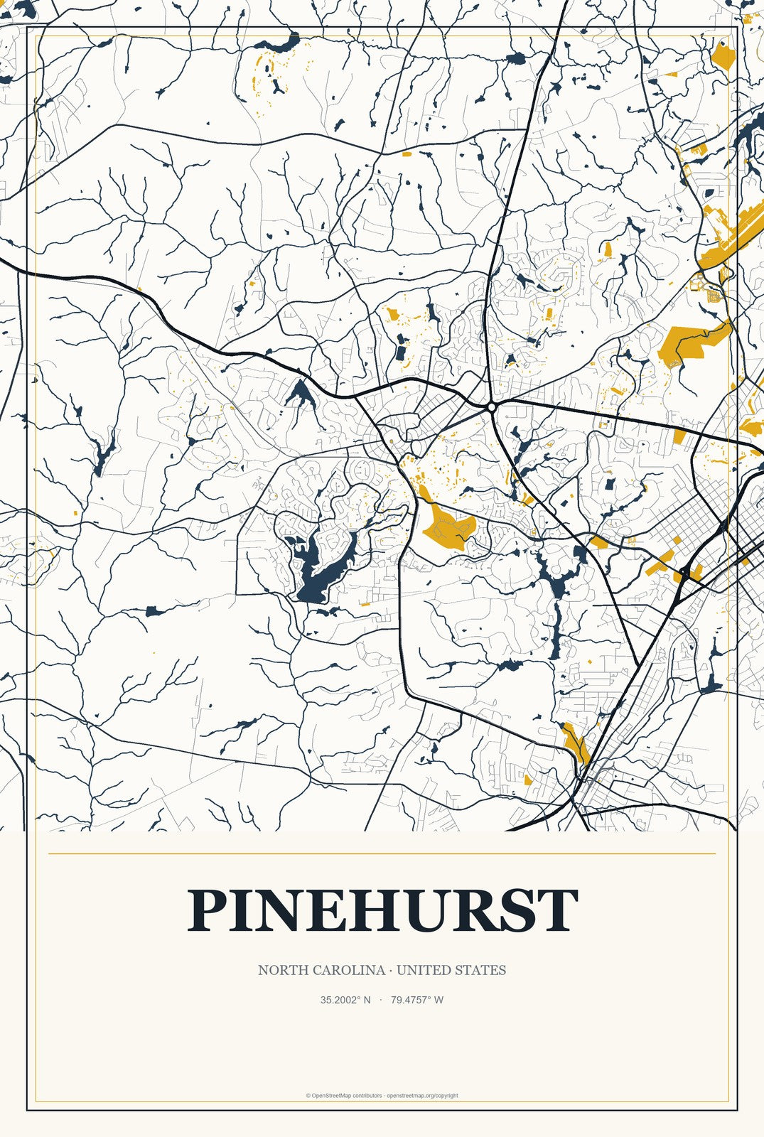 Pinehurst, North Carolina City Map Aluminum Sign in Citrine Modern style