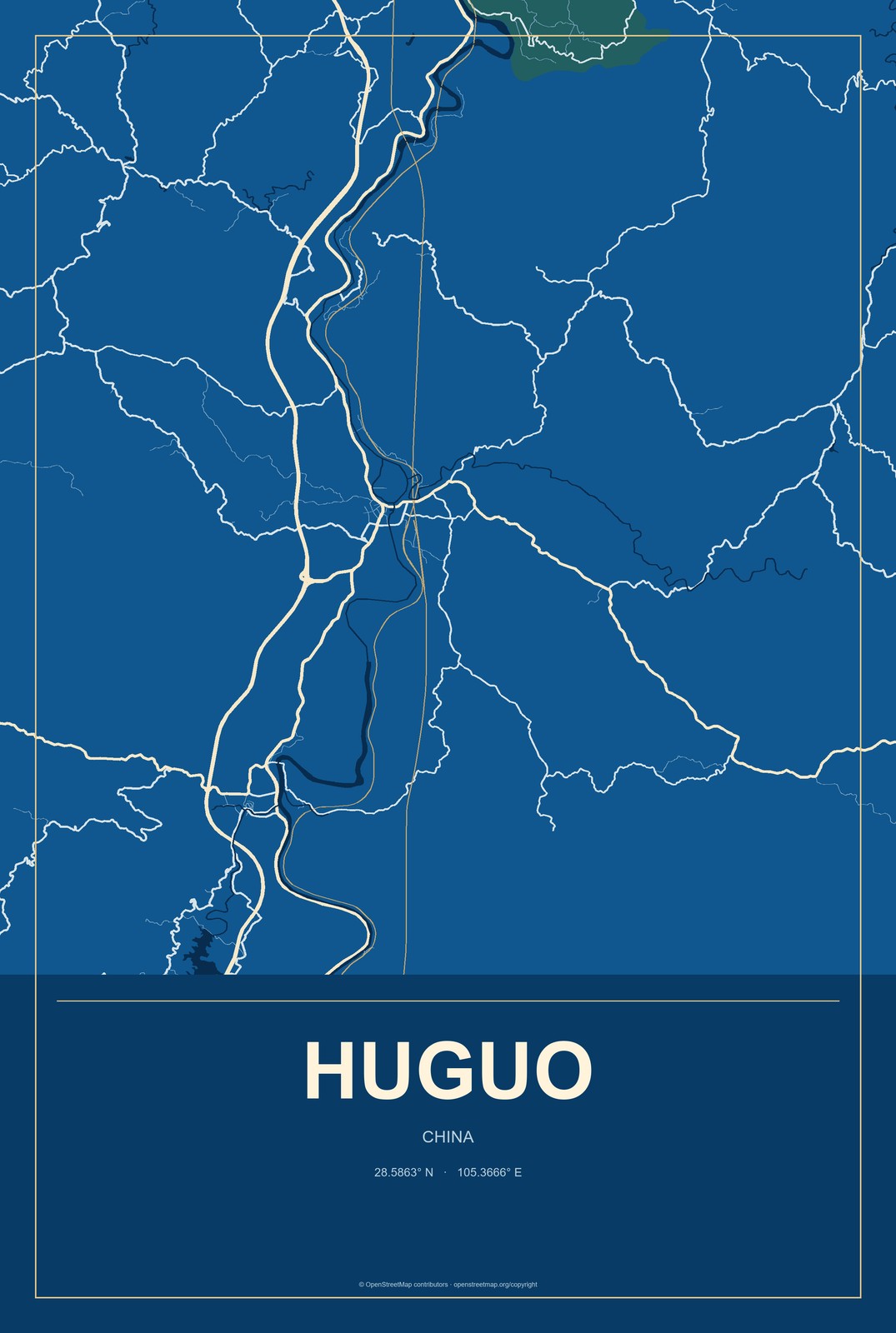 Huguo, China City Map Aluminum Sign in Harbor Cobalt style