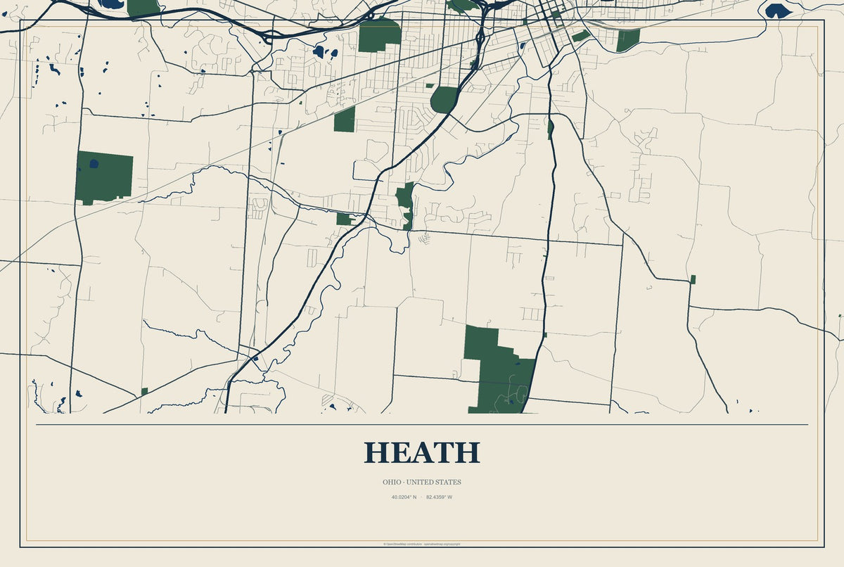 Heath, Ohio City Map Aluminum Sign in Coastal Cutout style