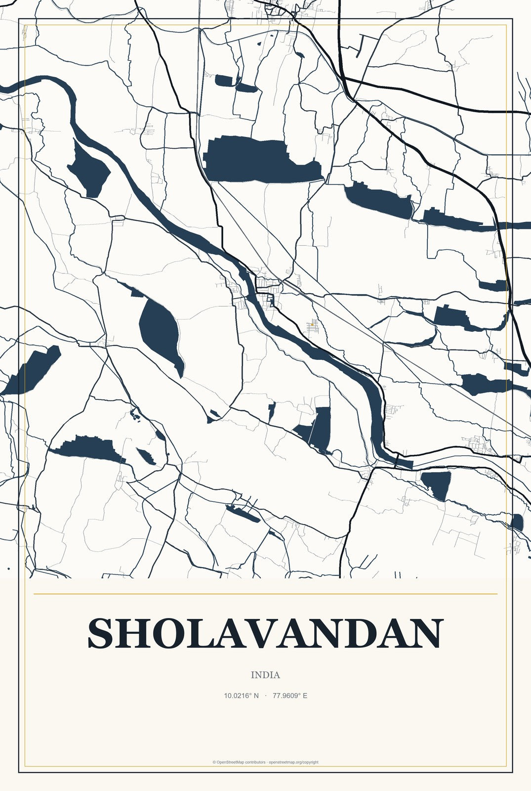 Sholavandan, India City Map Aluminum Sign in Citrine Modern style