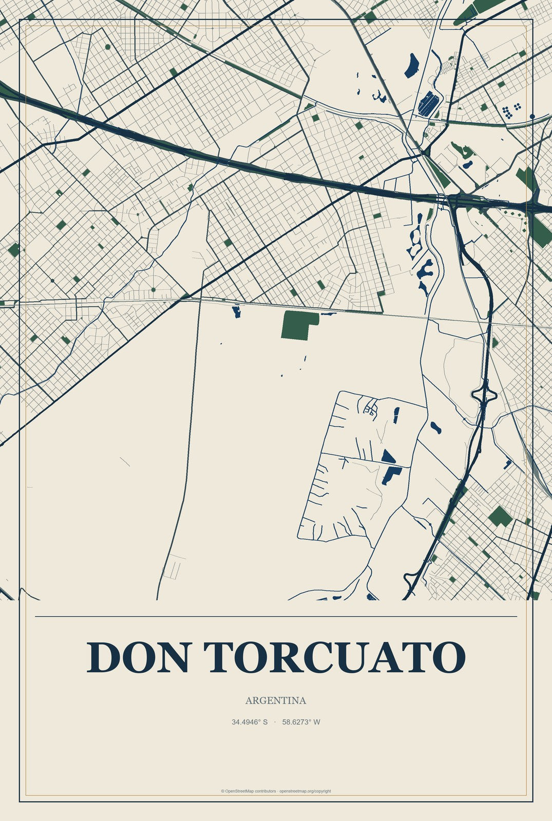 Don Torcuato, Argentina City Map Aluminum Sign in Coastal Cutout style