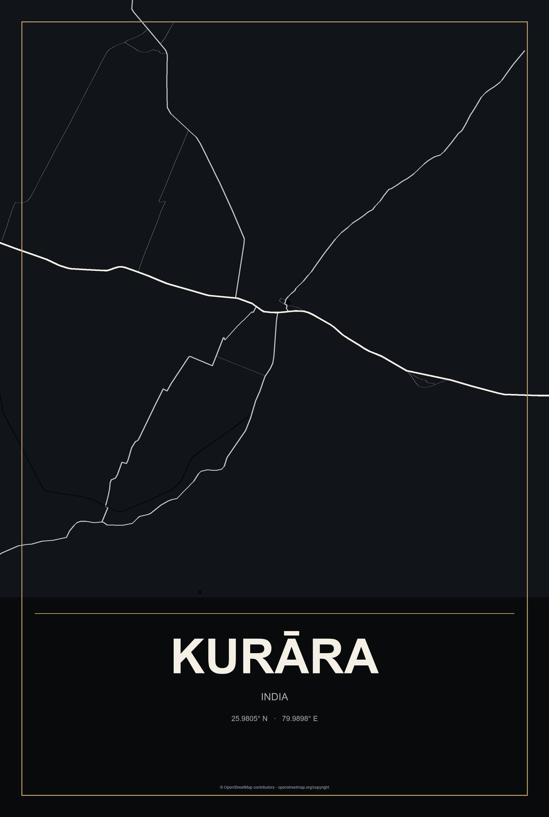 Kurāra, India City Map Aluminum Sign in Metropolitan Noir style