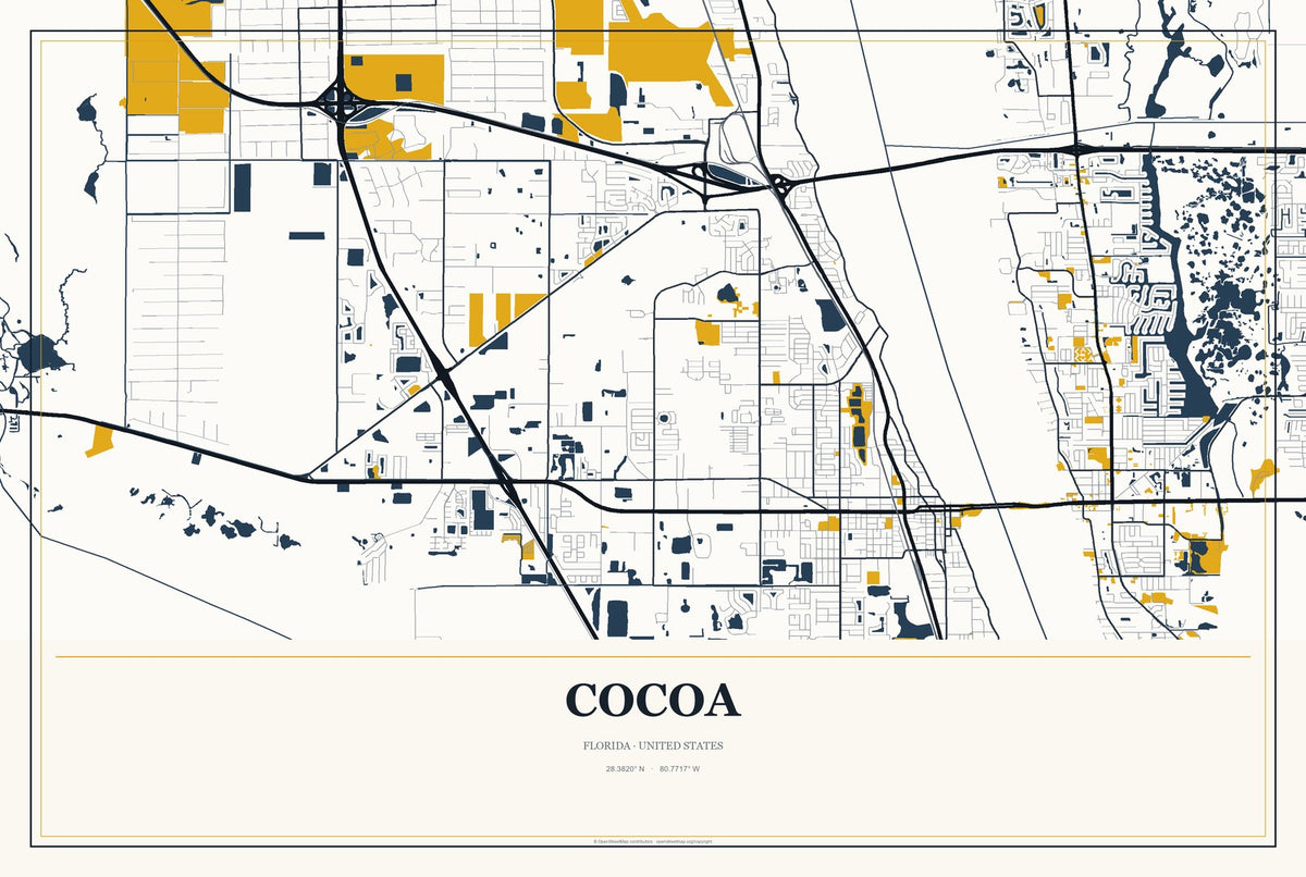 Cocoa, Florida City Map Aluminum Sign in Citrine Modern style